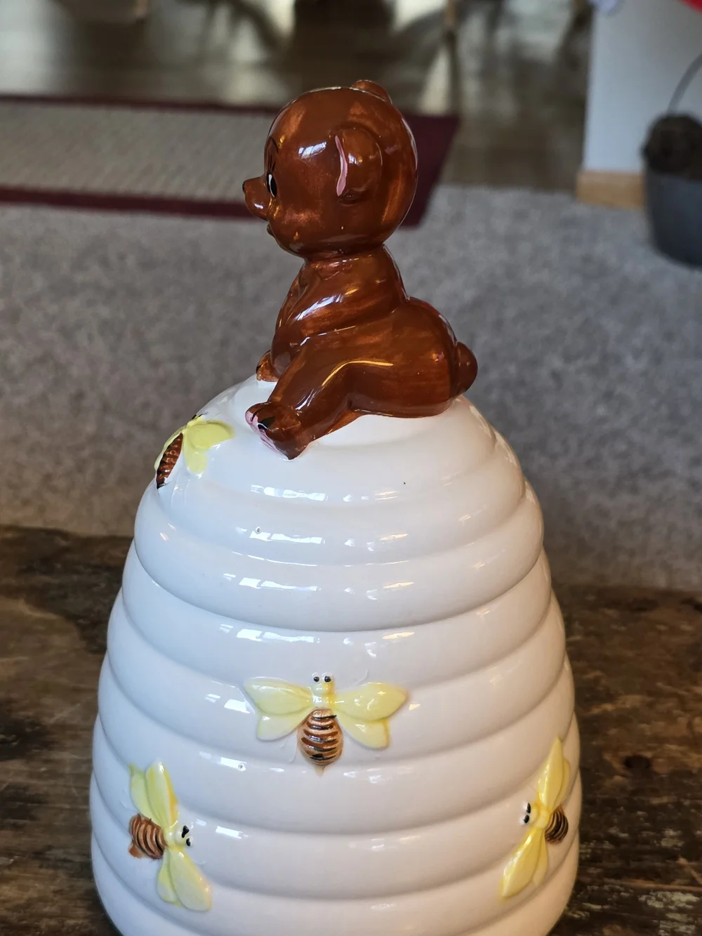 Giftcraft Anthropomorphic Ceramic Bear-Top Beehive Cookie Jar - White and Brown